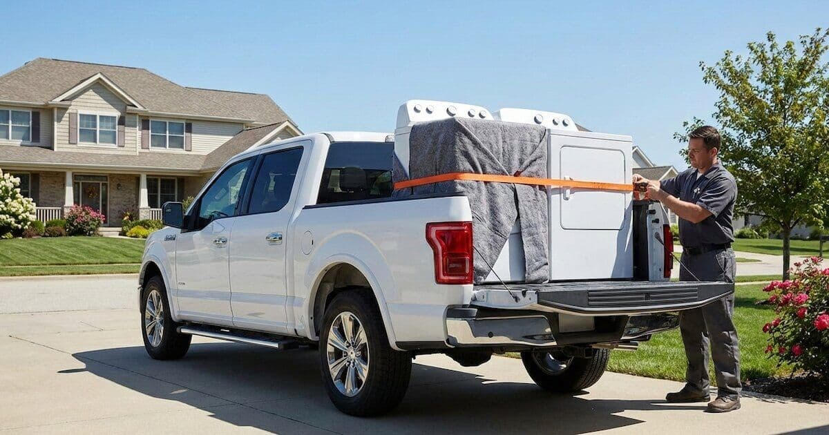 Appliance removal truck loading washer and dryer in Manor