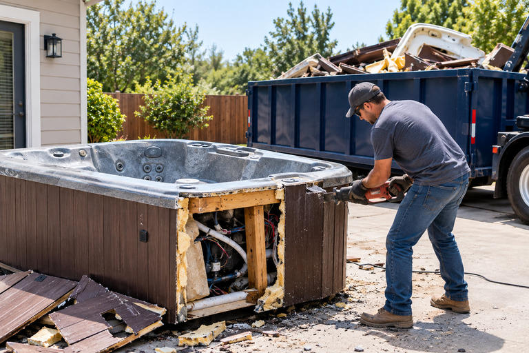 Hot tub being loaded onto junk removal truck